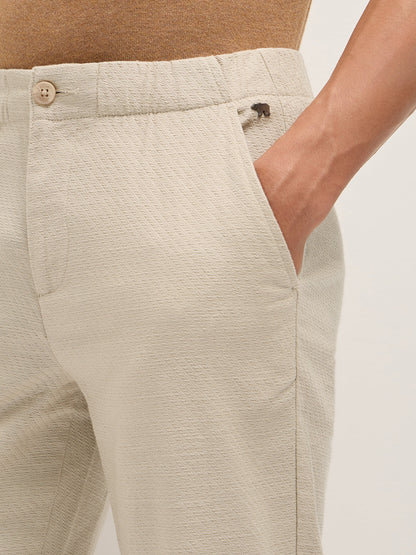 Cream Textured Straight Fit Casual Trousers with an Elasticated Waistband