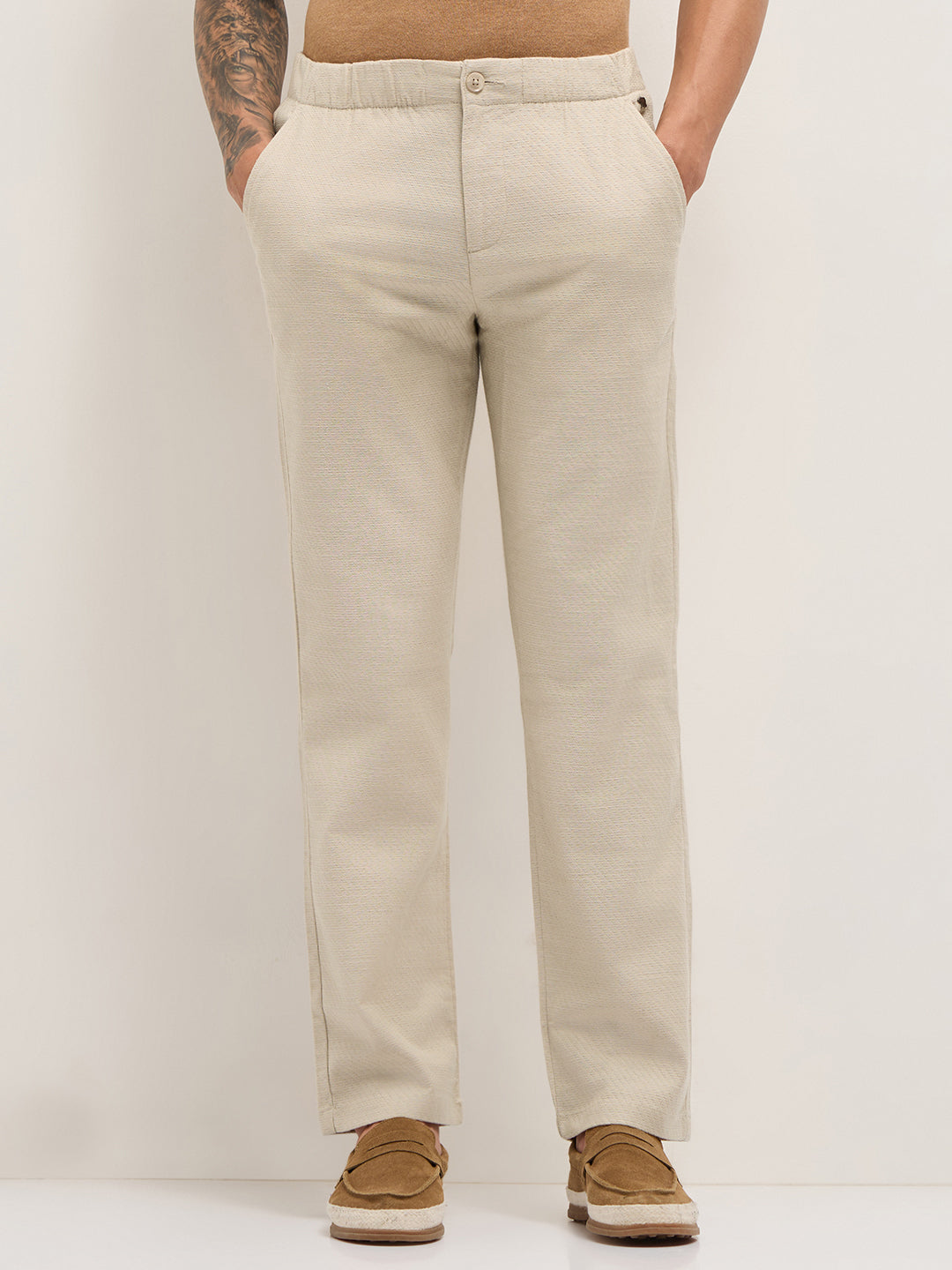 Cream Textured Straight Fit Casual Trousers with an Elasticated Waistband