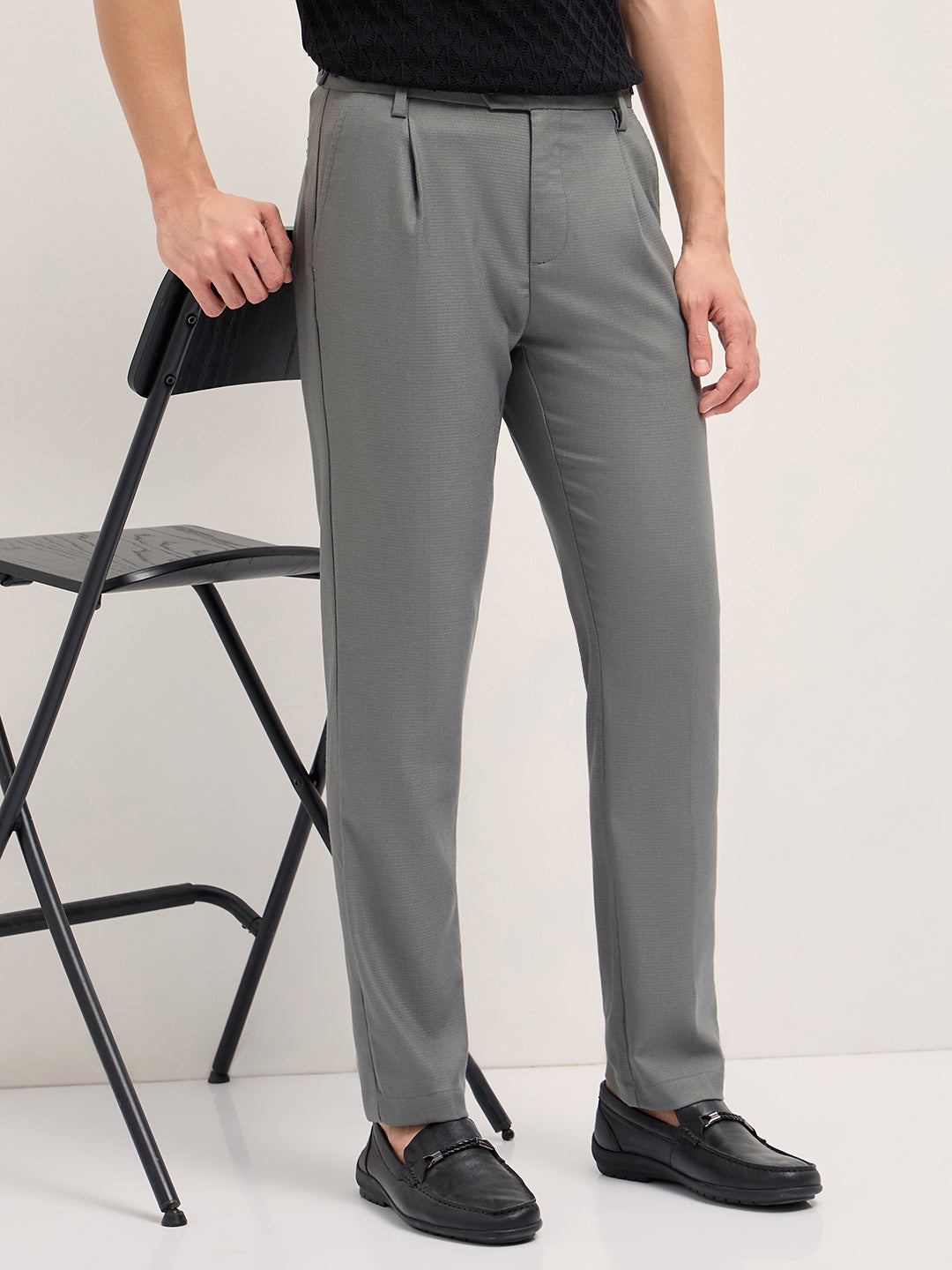 Grey Textured Weave Regular Fit Formal Trousers