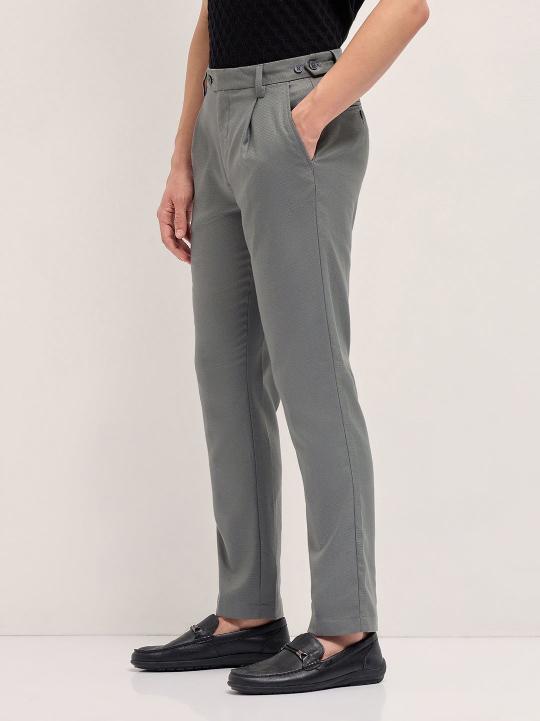 Grey Textured Weave Regular Fit Formal Trousers