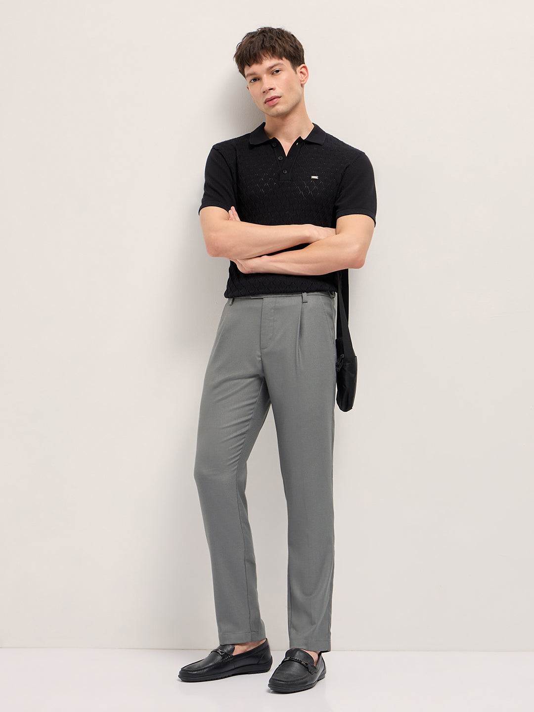 Grey Textured Weave Regular Fit Formal Trousers