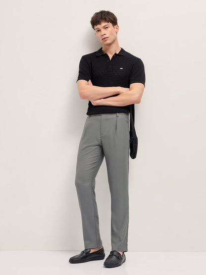 Grey Textured Weave Regular Fit Formal Trousers