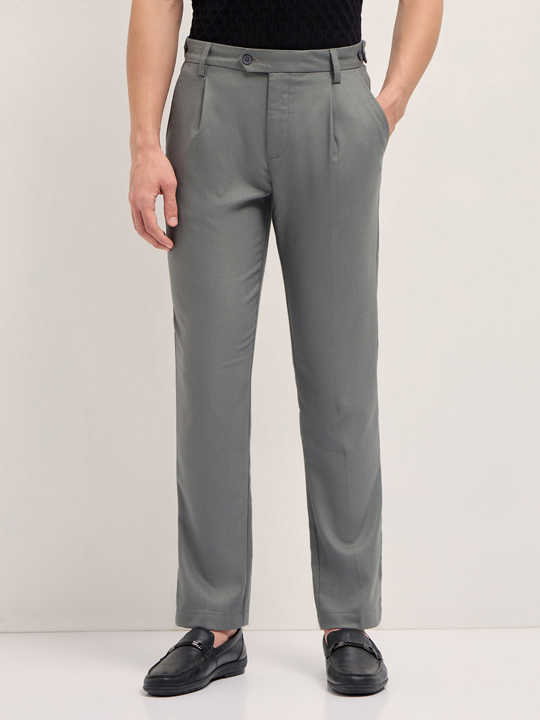 Grey Textured Weave Regular Fit Formal Trousers