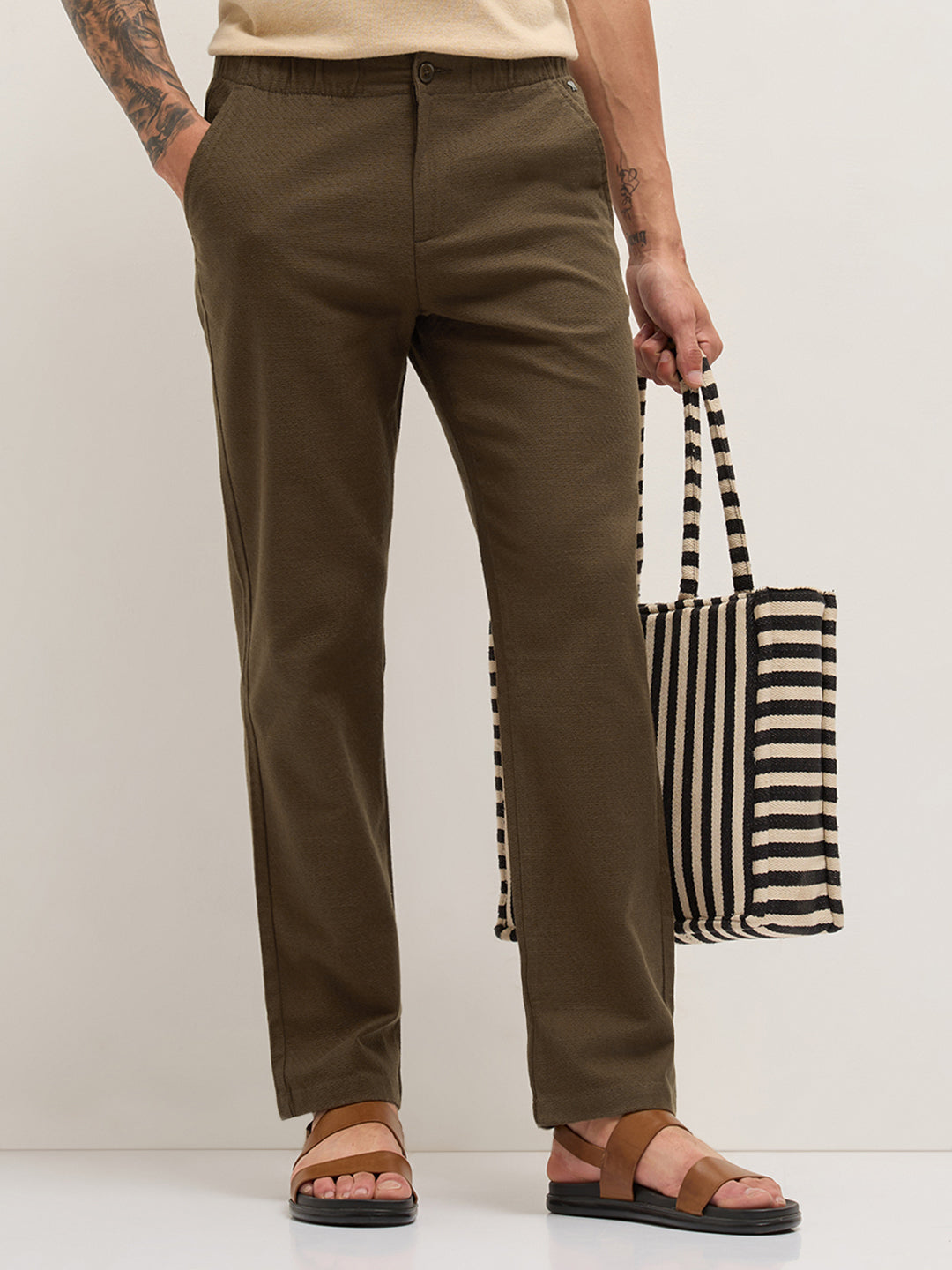 Brown Textured Straight Fit Casual Trousers with an Elasticated Waistband