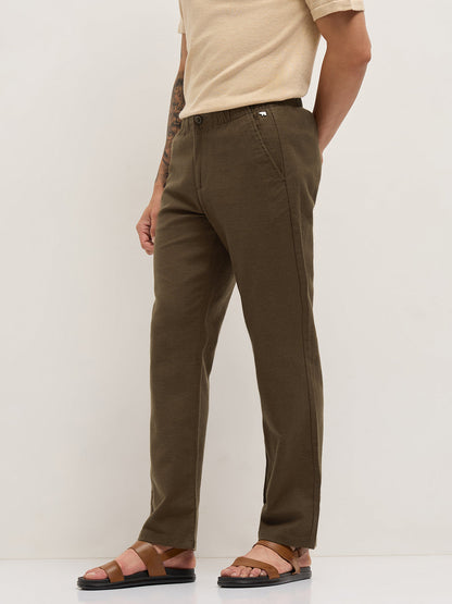 Brown Textured Straight Fit Casual Trousers with an Elasticated Waistband