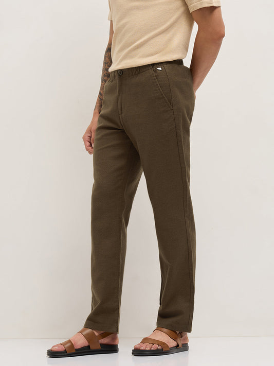 Brown Textured Straight Fit Casual Trousers with an Elasticated Waistband