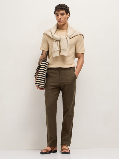 Brown Textured Straight Fit Casual Trousers with an Elasticated Waistband