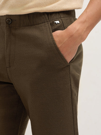 Brown Textured Straight Fit Casual Trousers with an Elasticated Waistband