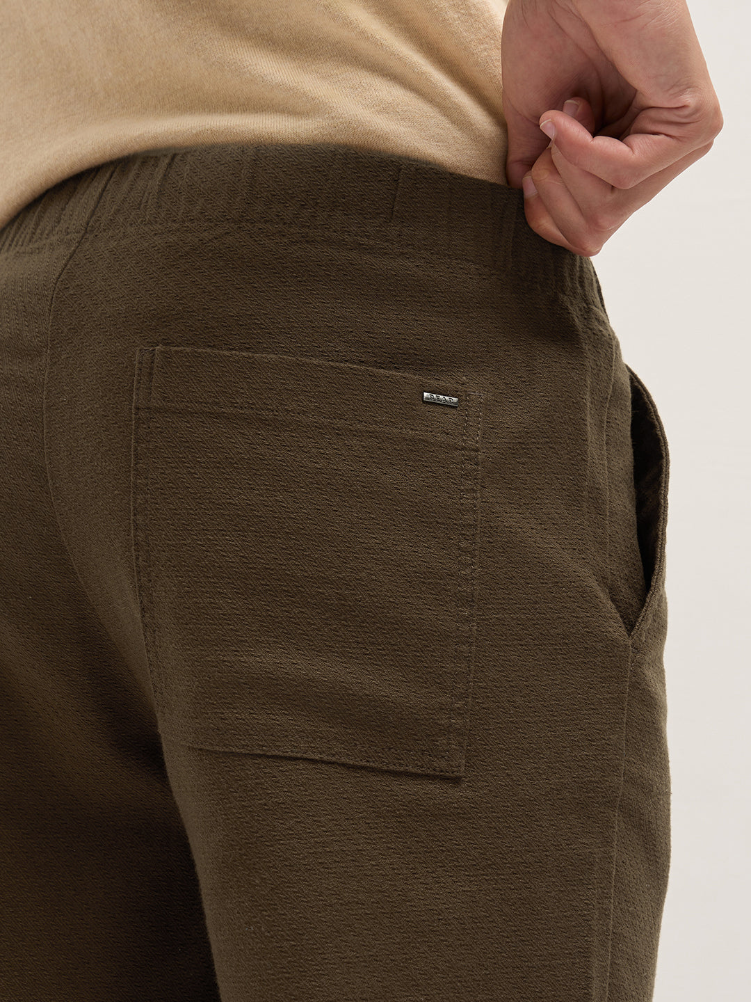 Brown Textured Straight Fit Casual Trousers with an Elasticated Waistband