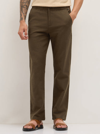 Brown Textured Straight Fit Casual Trousers with an Elasticated Waistband