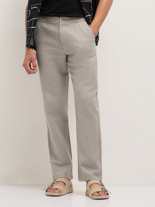 Beige Textured Straight Fit Casual Trousers with an Elasticated Waistband