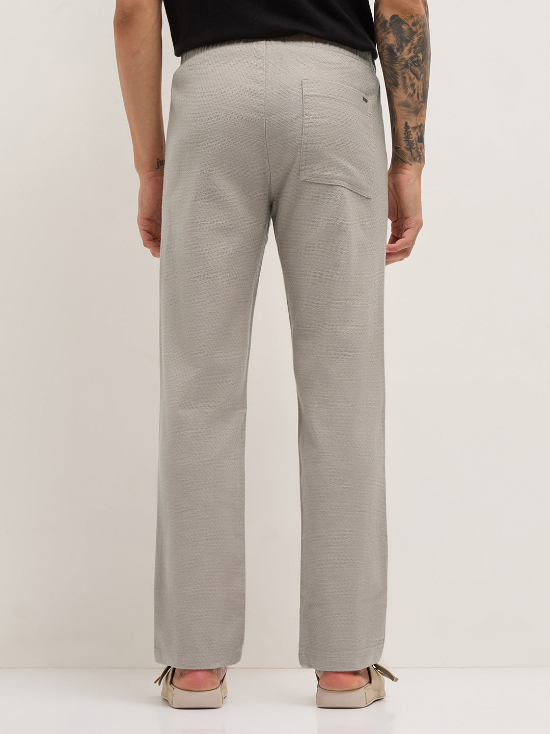 Beige Textured Straight Fit Casual Trousers with an Elasticated Waistband