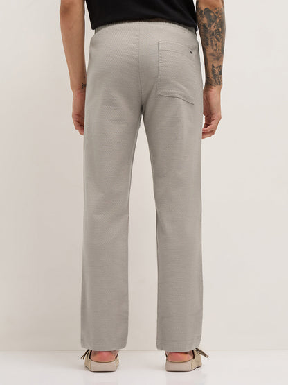 Beige Textured Straight Fit Casual Trousers with an Elasticated Waistband