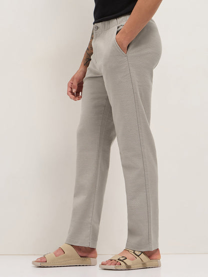 Beige Textured Straight Fit Casual Trousers with an Elasticated Waistband