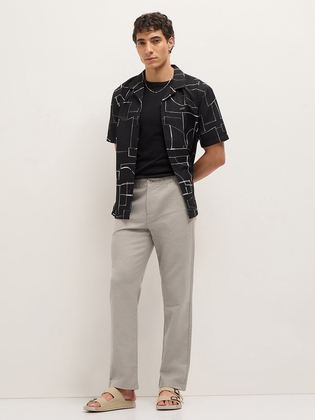 Beige Textured Straight Fit Casual Trousers with an Elasticated Waistband