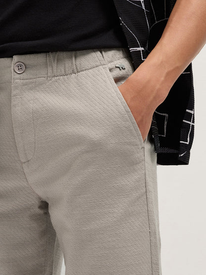 Beige Textured Straight Fit Casual Trousers with an Elasticated Waistband