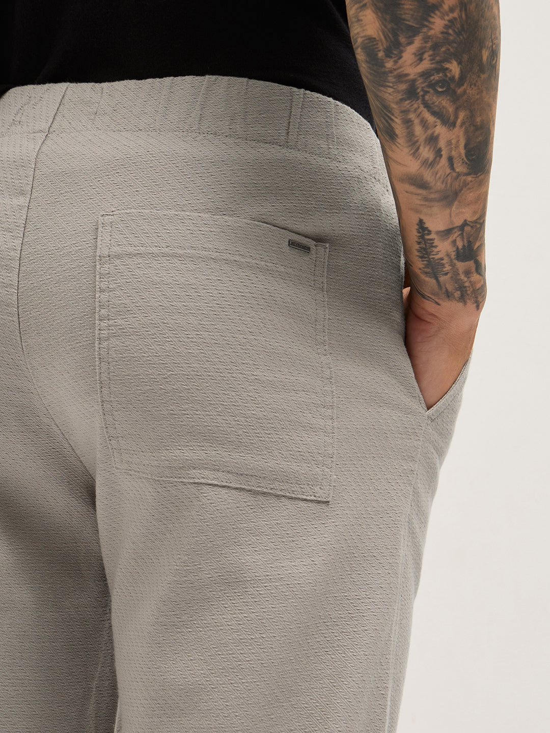 Beige Textured Straight Fit Casual Trousers with an Elasticated Waistband