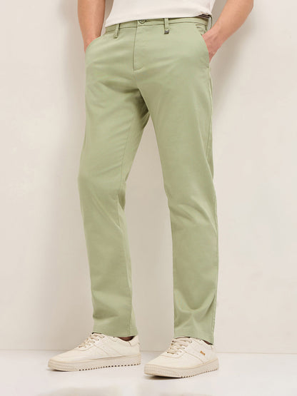 Green Straight Fit Casual Trousers with Contrast Striped Waistband