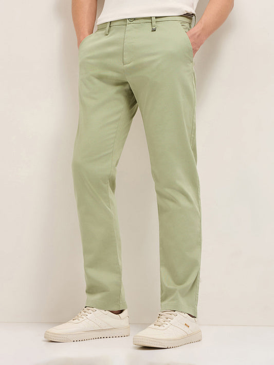Green Straight Fit Casual Trousers with Contrast Striped Waistband