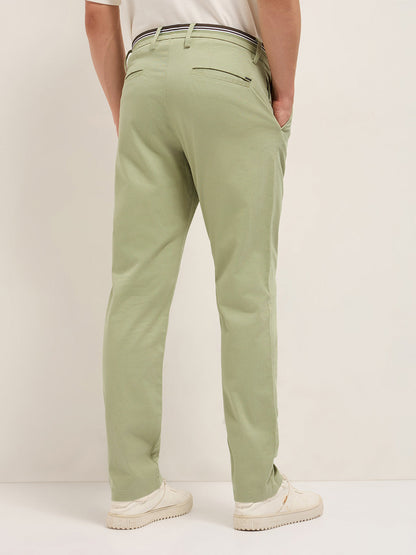 Green Straight Fit Casual Trousers with Contrast Striped Waistband