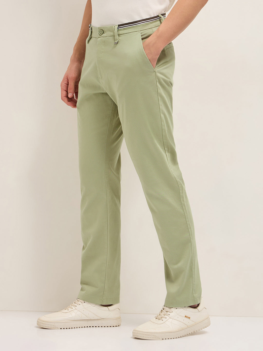 Green Straight Fit Casual Trousers with Contrast Striped Waistband