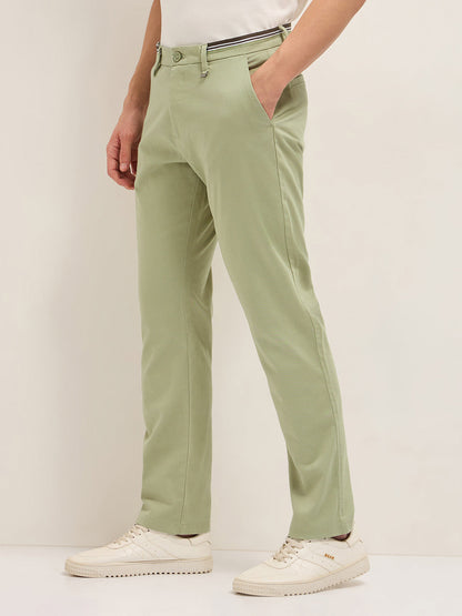 Green Straight Fit Casual Trousers with Contrast Striped Waistband