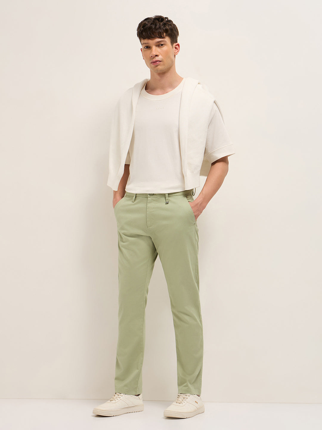 Green Straight Fit Casual Trousers with Contrast Striped Waistband