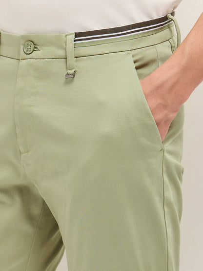 Green Straight Fit Casual Trousers with Contrast Striped Waistband