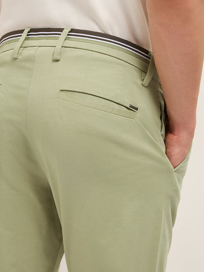 Green Straight Fit Casual Trousers with Contrast Striped Waistband