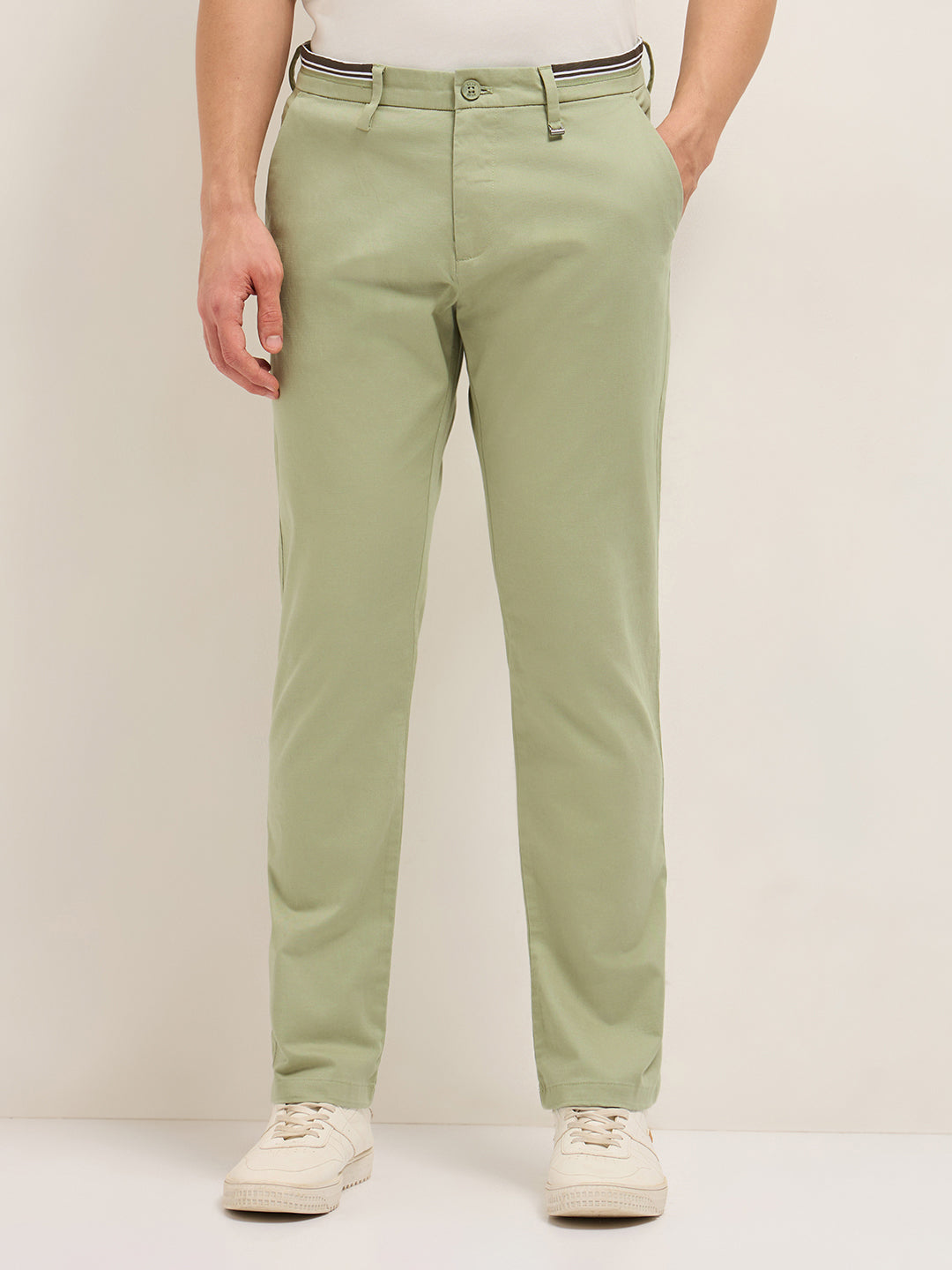 Green Straight Fit Casual Trousers with Contrast Striped Waistband