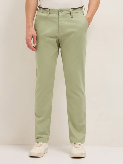 Green Straight Fit Casual Trousers with Contrast Striped Waistband