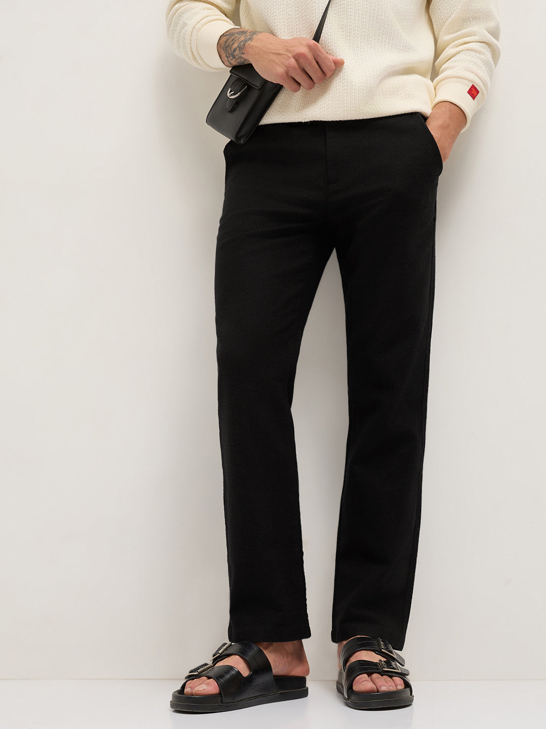 Black Textured Straight Fit Casual Trousers with an Elasticated Waistband