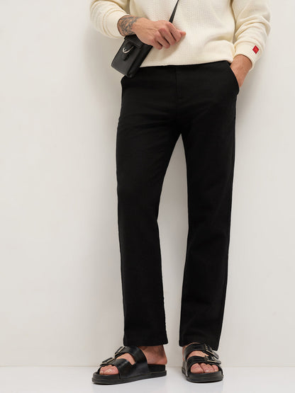 Black Textured Straight Fit Casual Trousers with an Elasticated Waistband