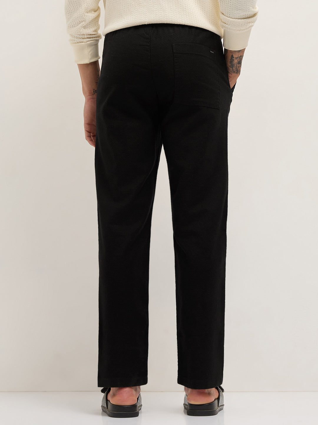 Black Textured Straight Fit Casual Trousers with an Elasticated Waistband