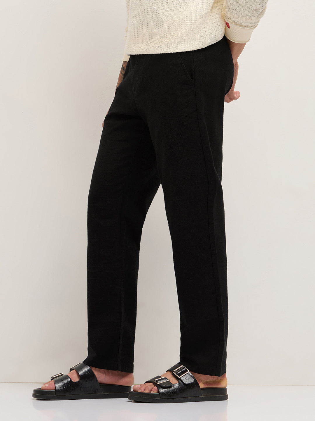 Black Textured Straight Fit Casual Trousers with an Elasticated Waistband