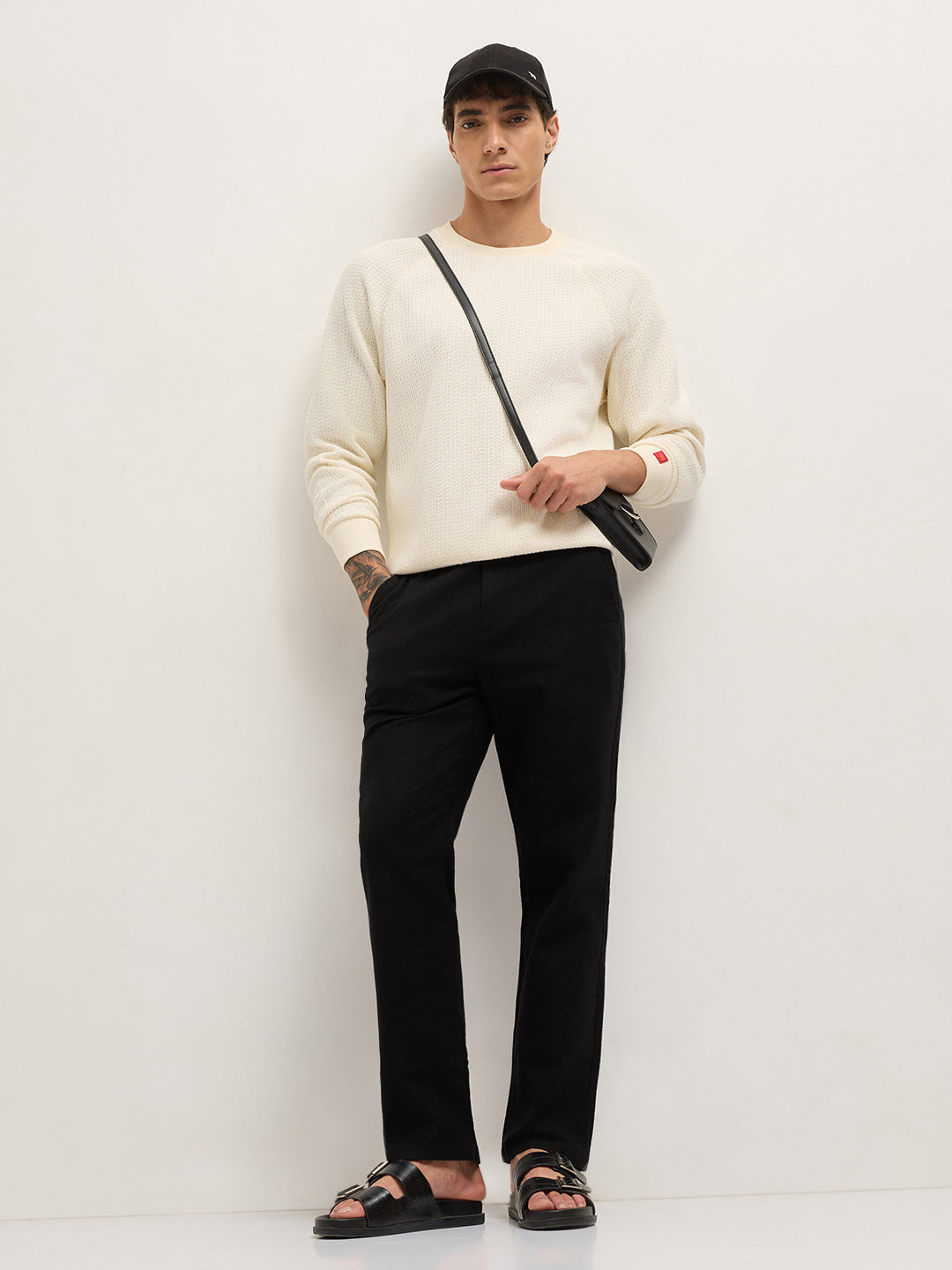 Black Textured Straight Fit Casual Trousers with an Elasticated Waistband