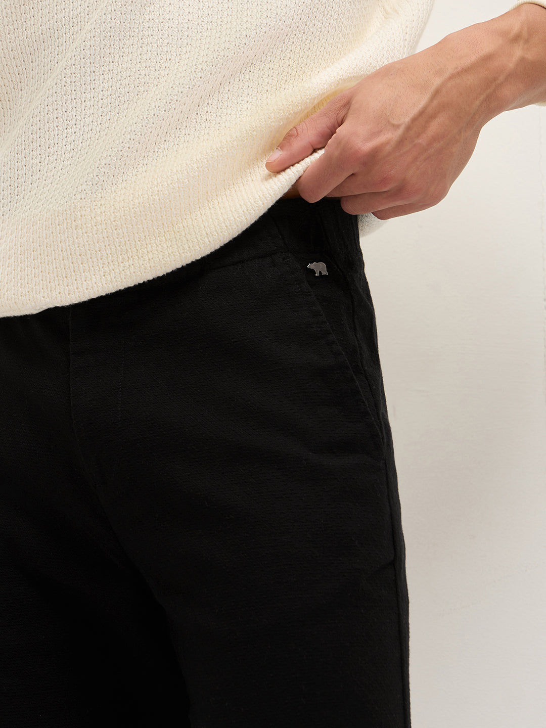 Black Textured Straight Fit Casual Trousers with an Elasticated Waistband