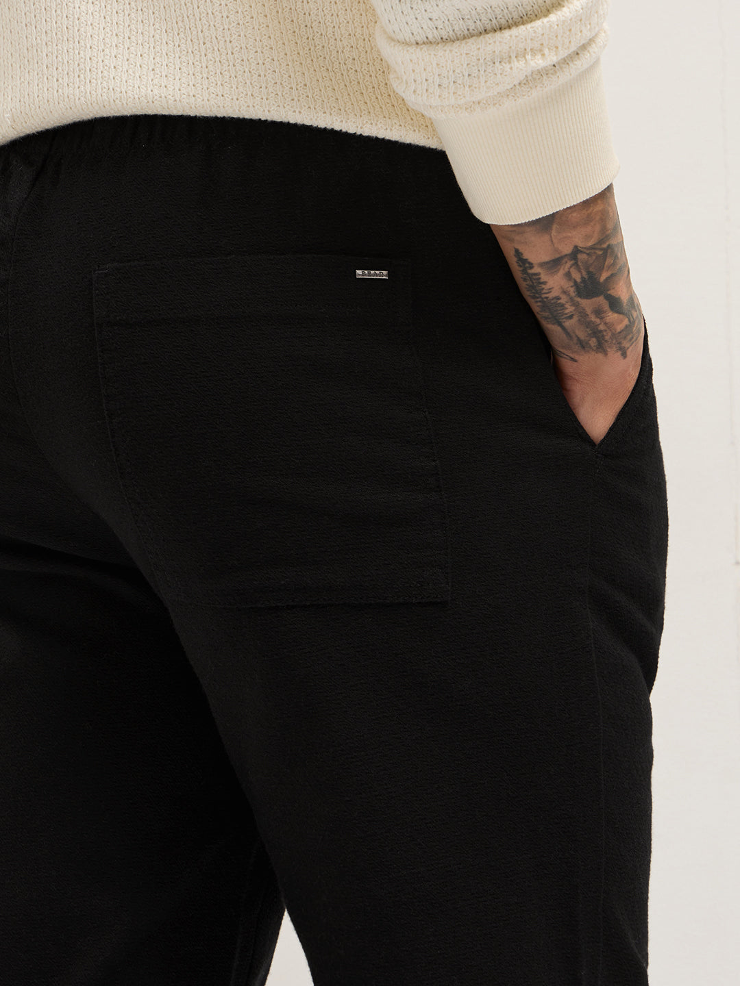 Black Textured Straight Fit Casual Trousers with an Elasticated Waistband