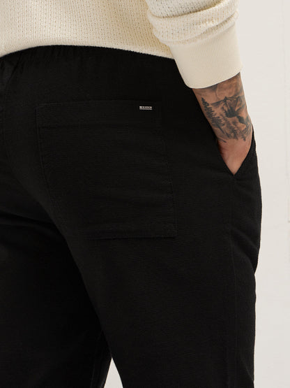 Black Textured Straight Fit Casual Trousers with an Elasticated Waistband