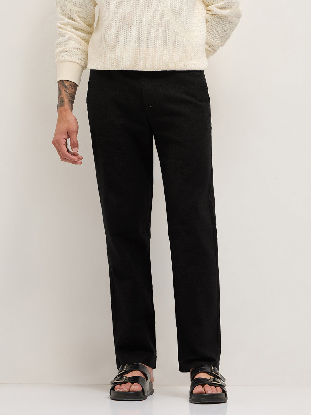 Black Textured Straight Fit Casual Trousers with an Elasticated Waistband