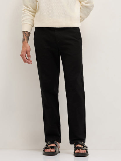 Black Textured Straight Fit Casual Trousers with an Elasticated Waistband