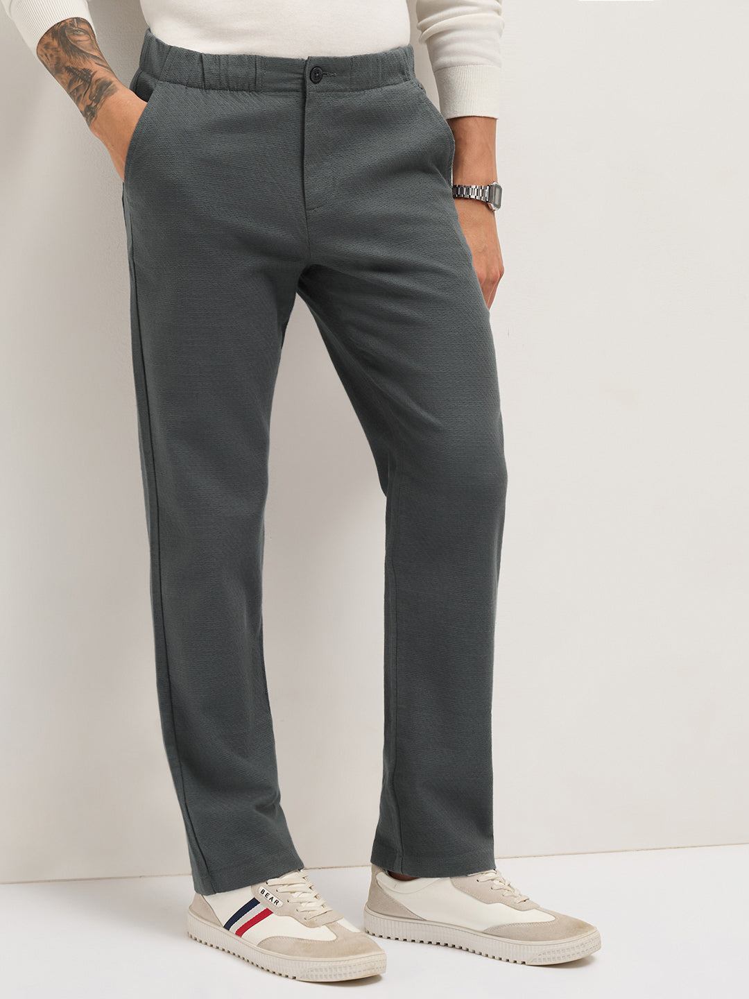 Grey Textured Straight Fit Casual Trousers with an Elasticated Waistband