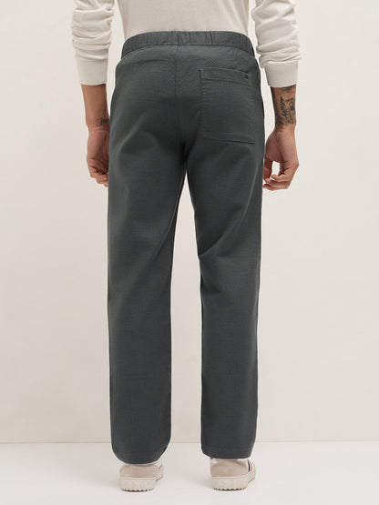 Grey Textured Straight Fit Casual Trousers with an Elasticated Waistband