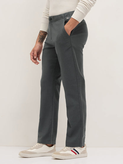 Grey Textured Straight Fit Casual Trousers with an Elasticated Waistband