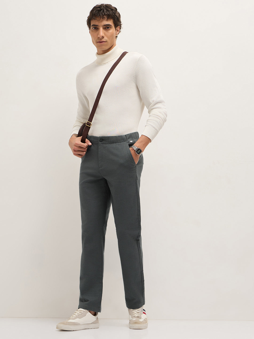 Grey Textured Straight Fit Casual Trousers with an Elasticated Waistband