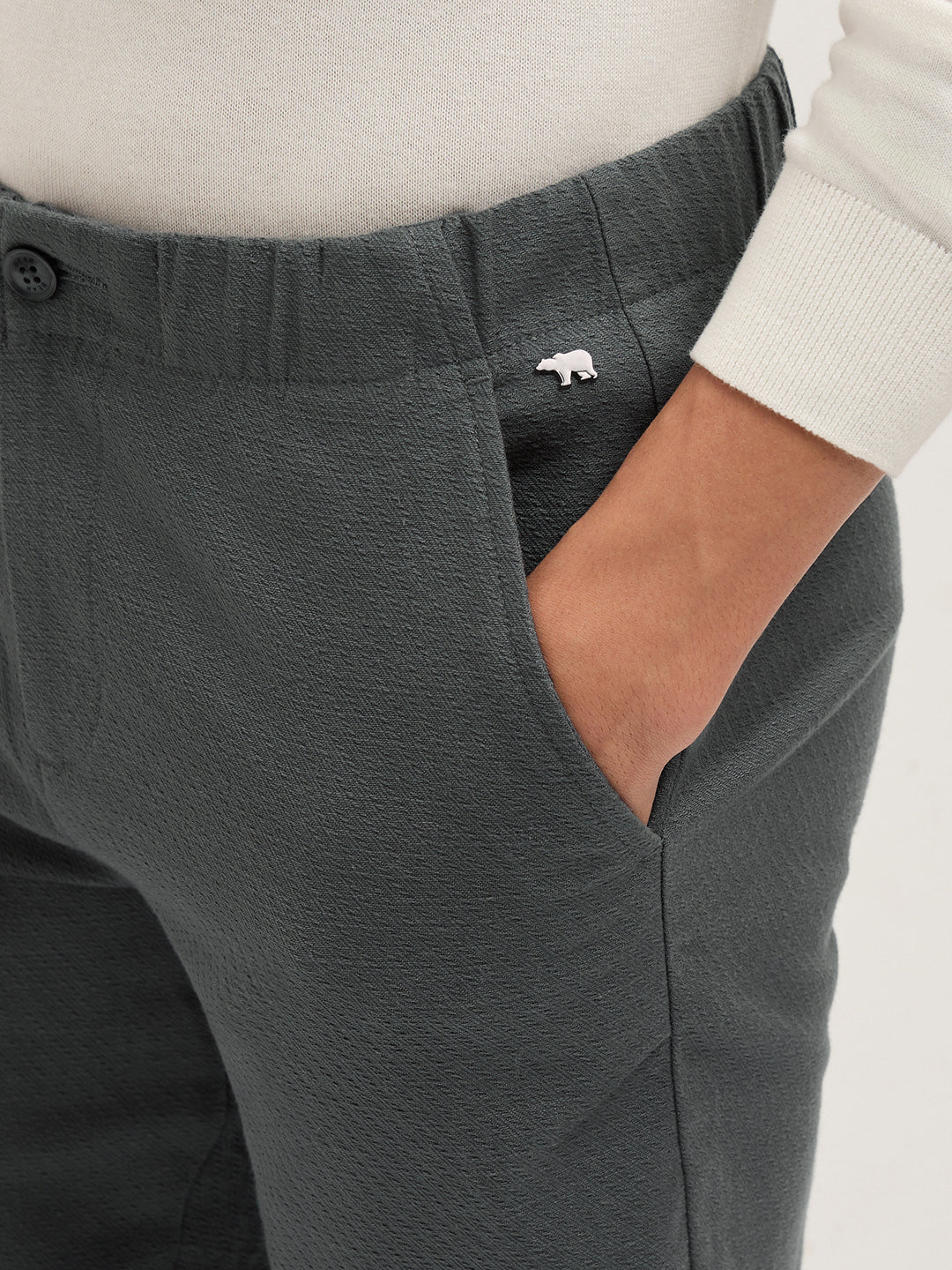 Grey Textured Straight Fit Casual Trousers with an Elasticated Waistband