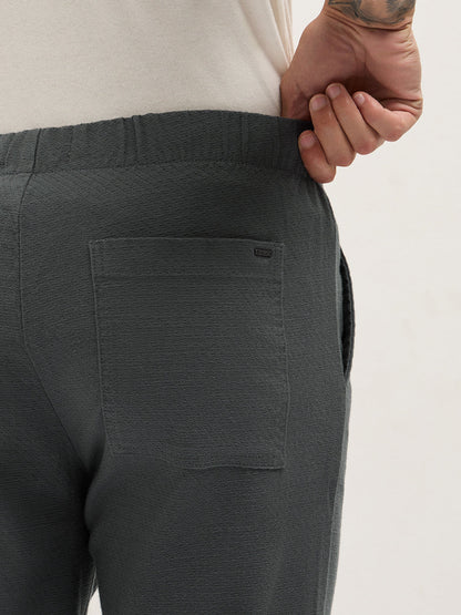 Grey Textured Straight Fit Casual Trousers with an Elasticated Waistband