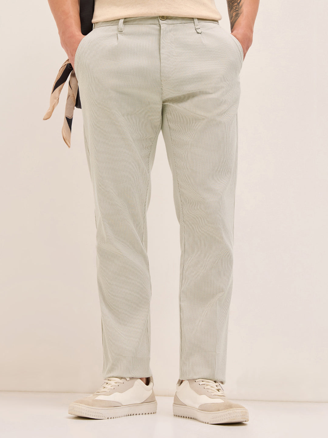 Cream and White Pinstriped Straight Fit Casual Trousers