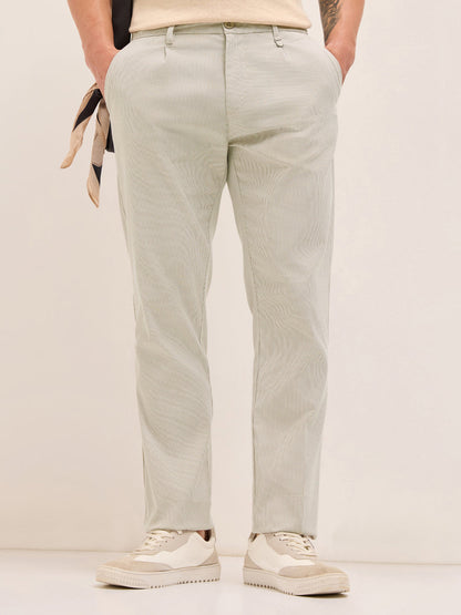 Cream and White Pinstriped Straight Fit Casual Trousers