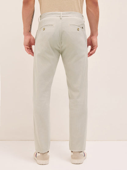 Cream and White Pinstriped Straight Fit Casual Trousers